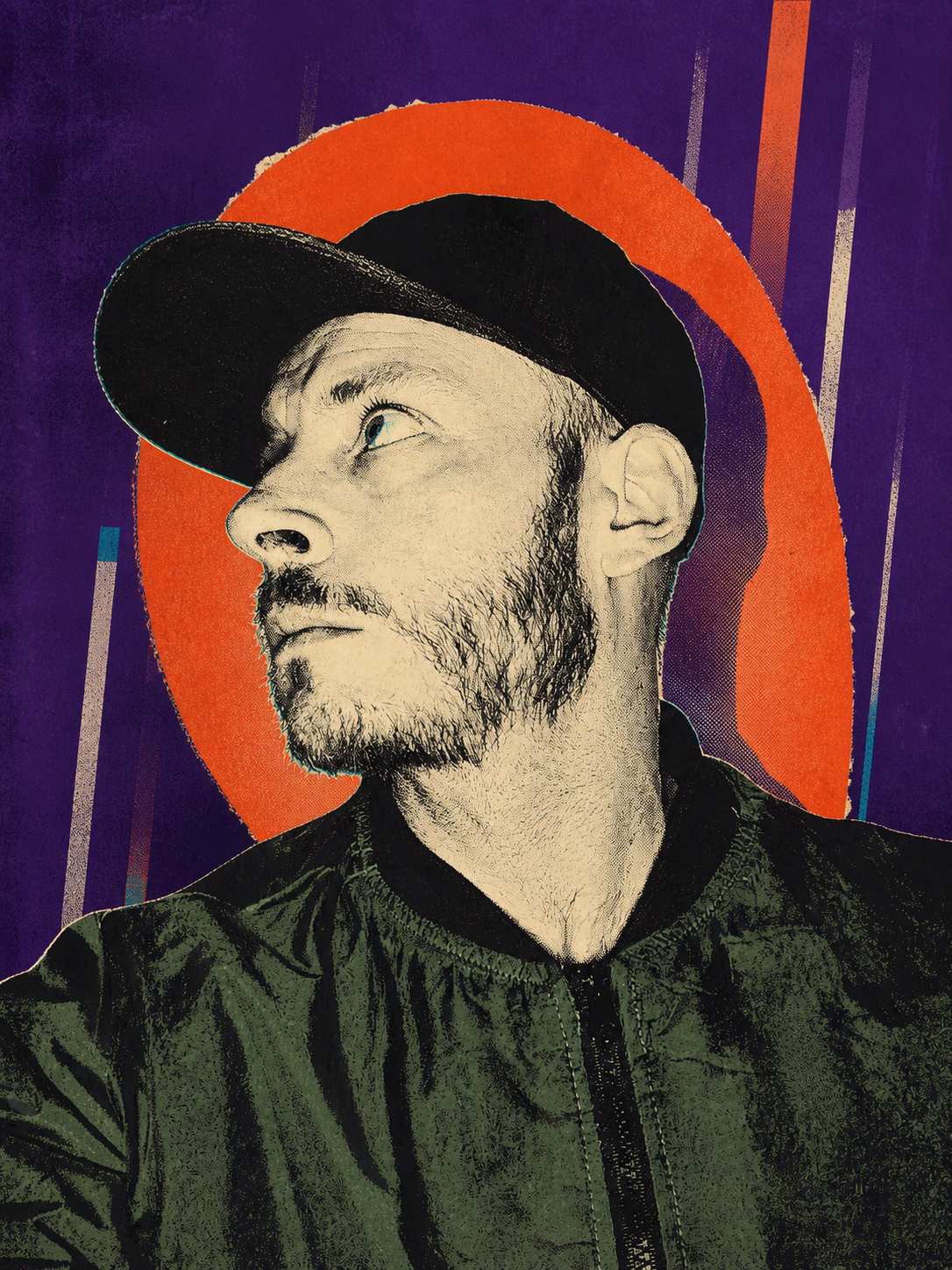 Illustrated portrait of Telboy against purple and orange artwork